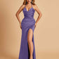Sexy Satin Halter Straps Sheath Prom Dresses Side Slit Pleats Floor Length