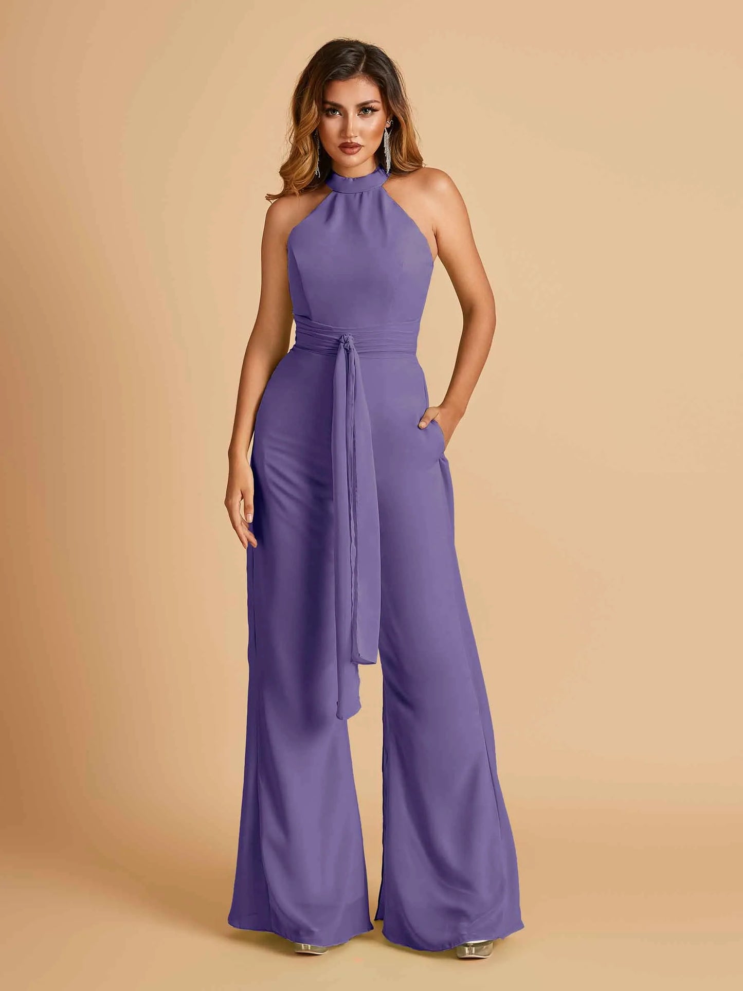 Chiffon Bridesmaid Jumpsuit Jewel Neck Sleeveless Floor Length With Pockets For Sale