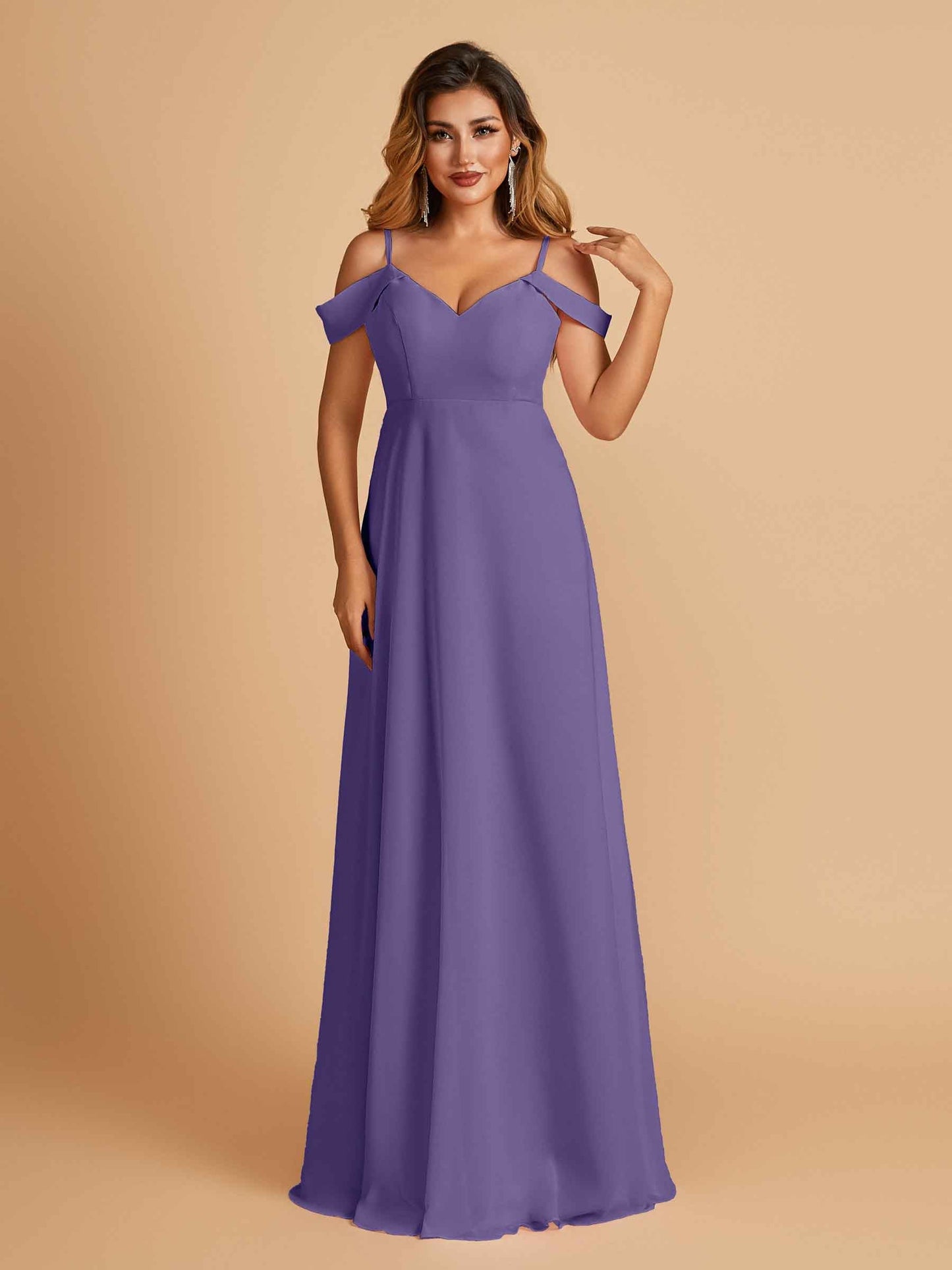 Chiffon Off-shoulder Long Bridesmaid Dresses V-neck Floor Length A-line For Sale