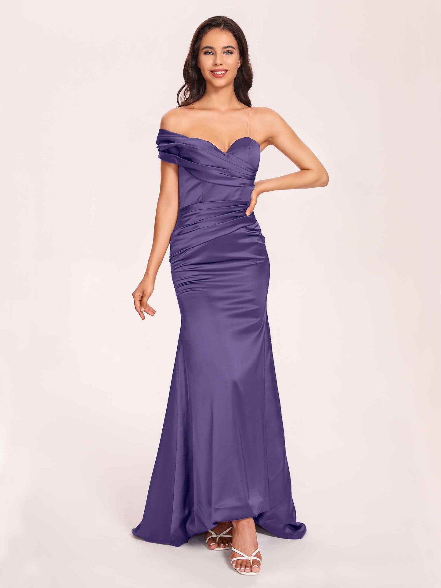 Satin One-shoulder Bridesmaid Dresses Pleats Floor Length Mermaid Long