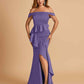Satin Mermaid Off Shoulder Bridesmaid Dresses With Ruffles Side Slit Floor Length