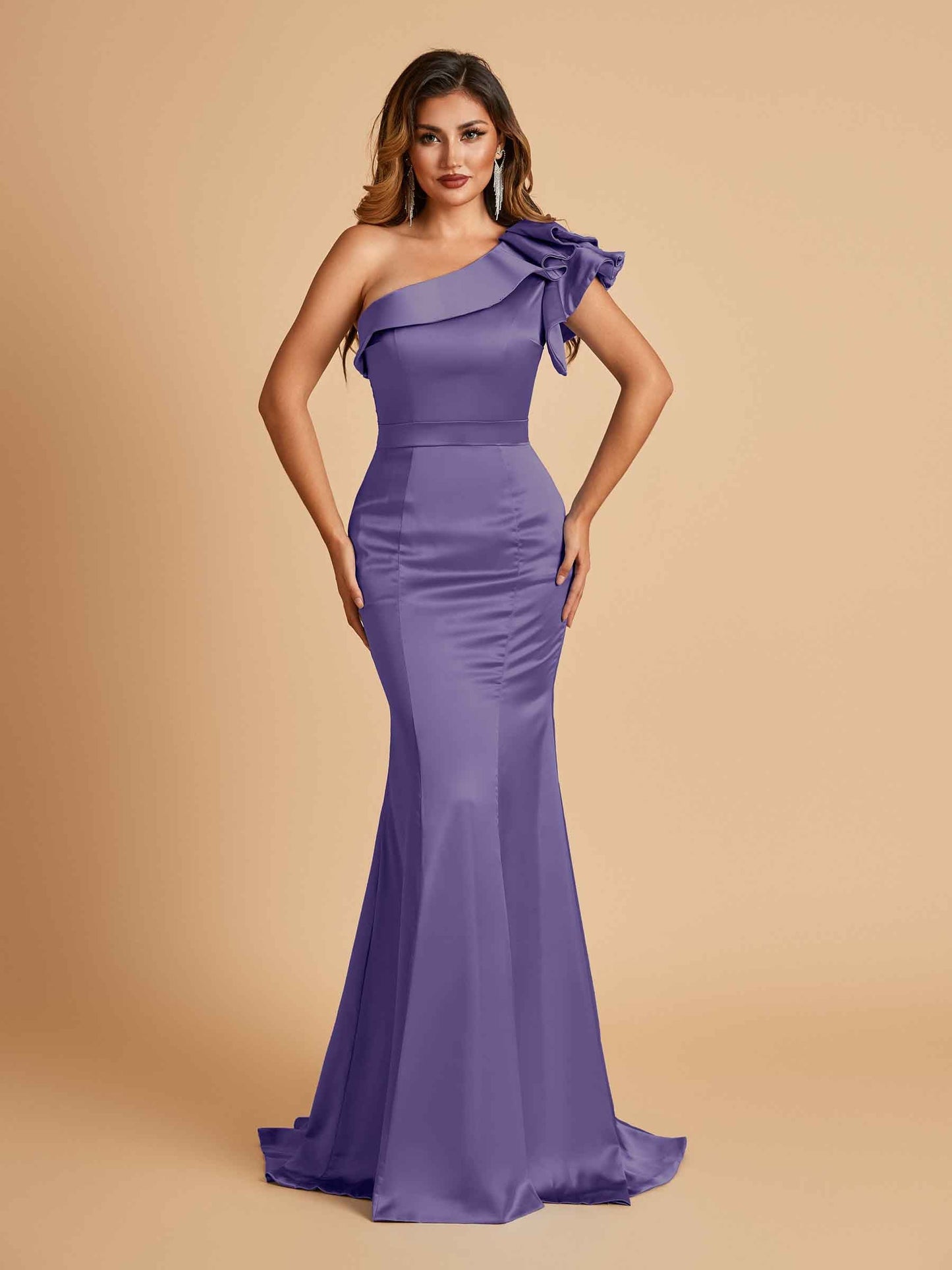 Satin One-shoulder Bridesmaid Dresses Ruffle Sleeves Mermaid Floor Length For Sale
