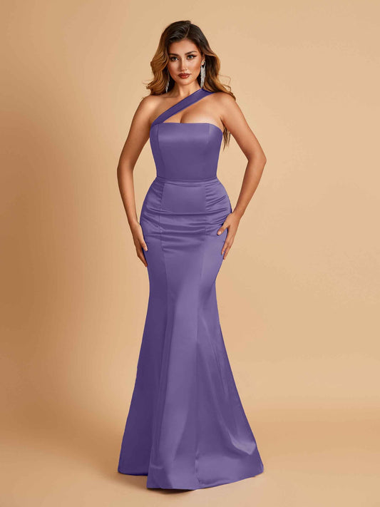 Sexy Satin Mermaid Prom Dresses One Shoulder Floor Length