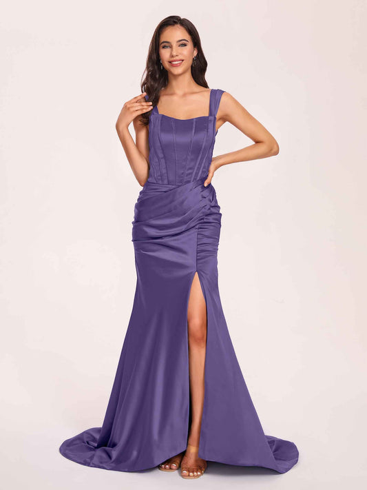Sexy Satin Square Mermaid Prom Dresses Pleats Side-Slit Floor-Length Sleeveless