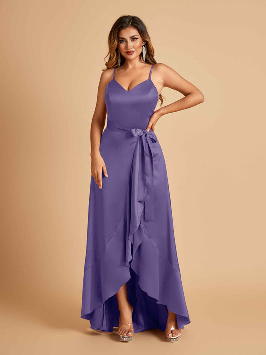 Satin Asymmetric V-neck Bridesmaid Dresses Sleeveless Side Slit A-line Unique