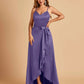 Satin Asymmetric V-neck Bridesmaid Dresses Sleeveless Side Slit A-line Unique For Sale