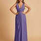 Sexy Satin Deep V-neck Long Bridesmaid Dresses A-line Pleats Sleeveless Floor Length