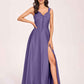 Satin V-neck A-line Prom Dresses Side slit Floor Length
