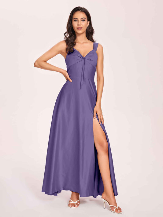 Satin V-neck A-line Prom Dresses Side slit Floor Length