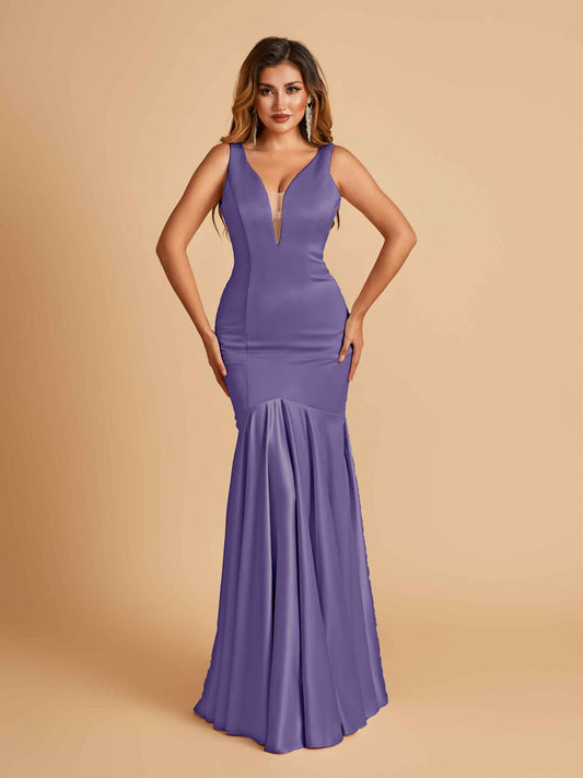 Satin Deep V-neck Mermaid Bridesmaid Dresses Half Open Back Floor Length