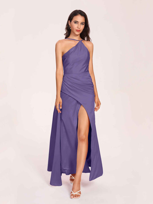 Sexy Satin Halter Strap Sheath Prom Dresses Side Slit Pleats Floor Length