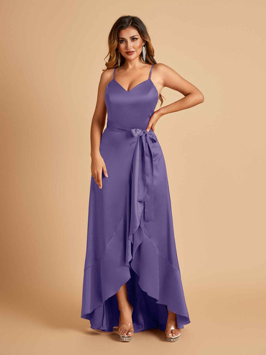 Satin Asymmetric V-neck Prom Dresses Sleeveless Side Slit A-line Unique