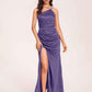 Satin Halter Pleats Sheath Bridesmaid Dresses Side-Slit Floor Length Sleeveless
