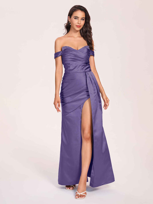 Elegant Satin Off Shoulder Bridesmaid Dresses Side-slit Sweetheart Floor Length Sheath