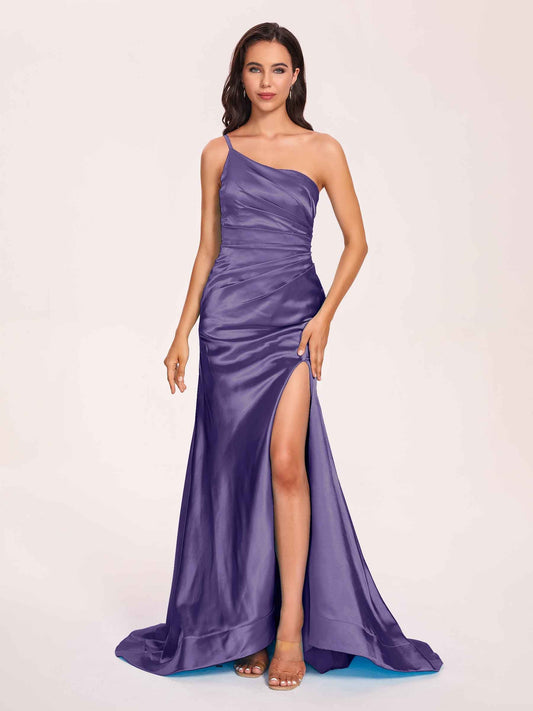 Satin One-shoulder Mermaid Prom Dresses Side Slit Pleats Floor Length