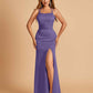 Satin Mermaid Long Prom Dresses Spaghetti Straps Scoop Side Slit Criss-cross Back