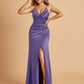Sexy Satin Sheath Prom Dresses Spaghetti Straps V-neck Side Slit Pleats Floor Length