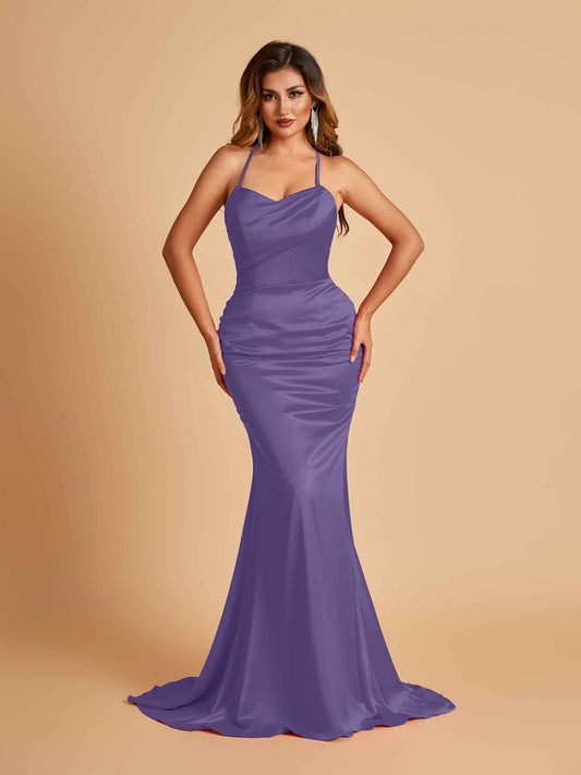 Sexy Satin Mermaid Prom Dresses Spaghetti Straps Scoop Criss-cross Back
