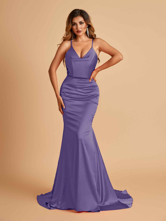 Sexy Satin Mermaid Prom Dresses Spaghetti Straps V-neck Pleats Floor Length