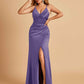 Sexy Satin Sheath Bridesmaid Dresses Spaghetti Straps V-neck Side Slit Pleats Floor Length