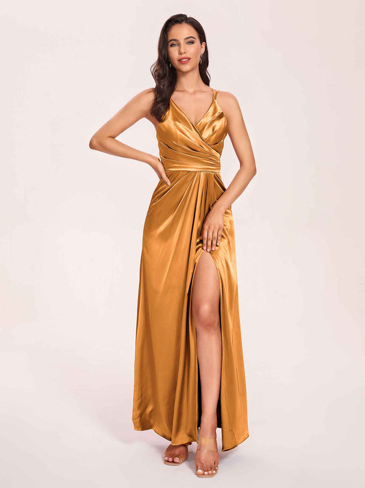 Sexy Satin A-line Bridesmaid Dresses Spaghetti Straps Side Slit V-neck Floor Length