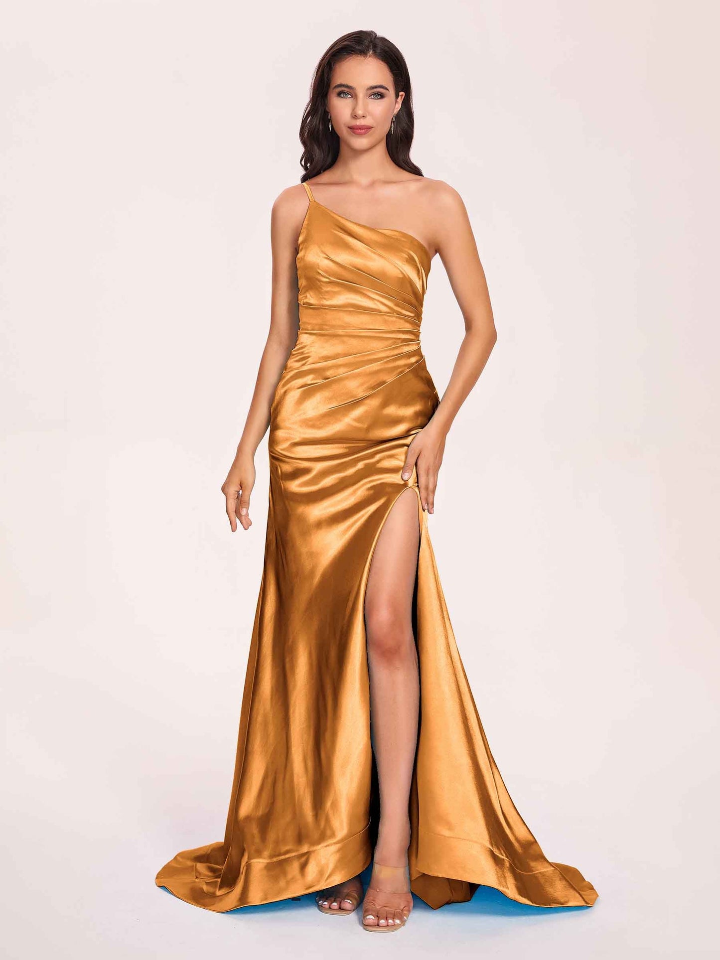 Satin One-shoulder Mermaid Prom Dresses Side Slit Pleats Floor Length