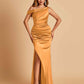Unique Satin One Shoulder Bridesmaid Dresses Side Slit Half Open Back Floor Length
