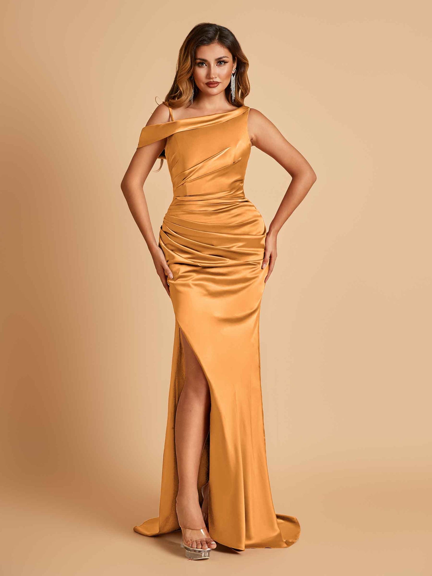 Unique Satin One Shoulder Bridesmaid Dresses Side Slit Half Open Back Floor Length