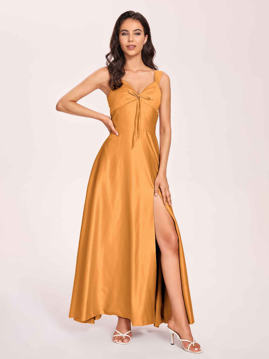 Satin V-neck A-line Bridesmaid Dresses Side slit Floor Length