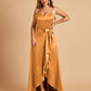 Satin Asymmetric V-neck Prom Dresses Sleeveless Side Slit A-line Unique
