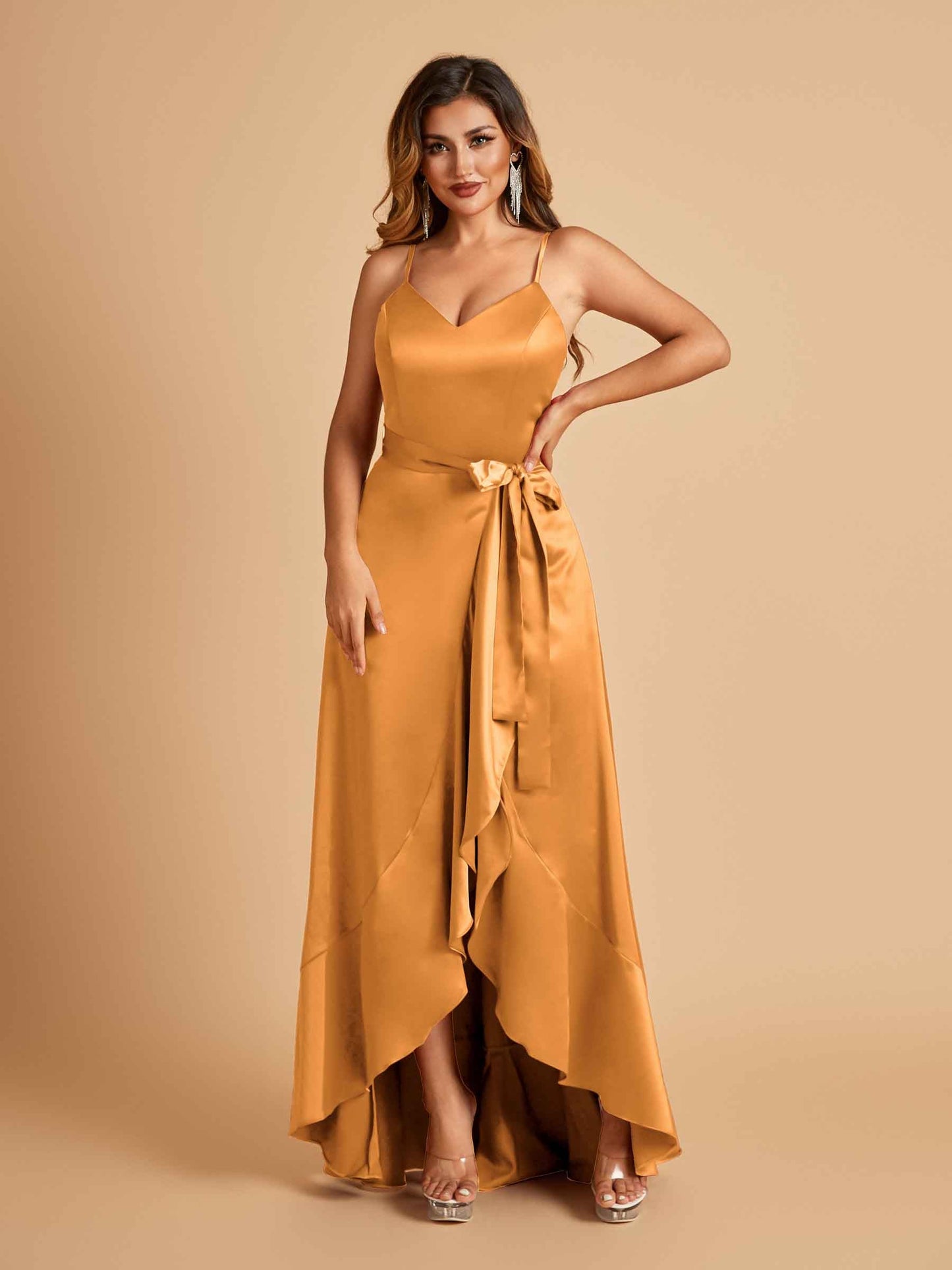 Satin Asymmetric V-neck Prom Dresses Sleeveless Side Slit A-line Unique