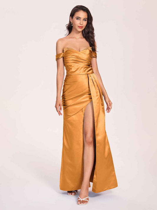 Elegant Satin Off Shoulder Bridesmaid Dresses Side-slit Sweetheart Floor Length Sheath