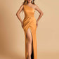 Satin One-shoulder Bridesmaid Dresses Sheath Side Slit Sleeveless Floor Length