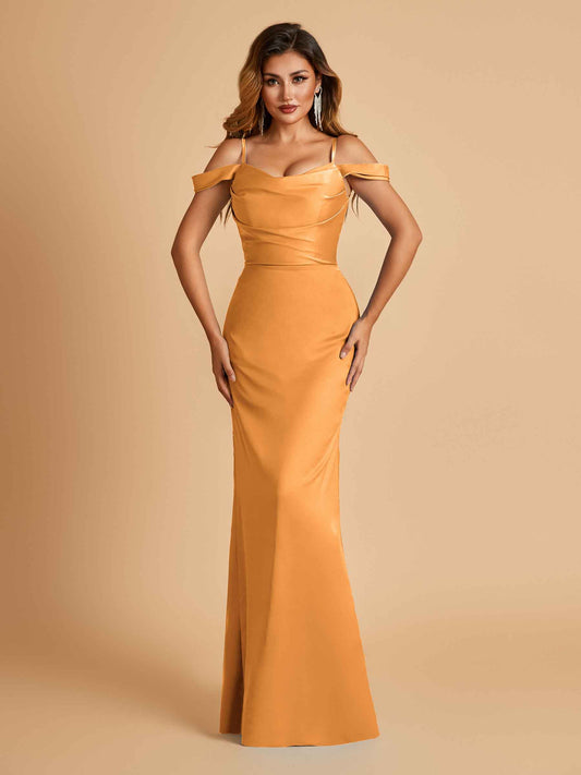 Sexy Off Shoulder Mermaid Long Bridesmaid Dresses Satin Spaghetti Straps Floor Length