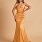 Sexy Satin Mermaid Prom Dresses Spaghetti Straps V-neck Pleats Floor Length