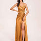 Sexy Satin A-line Prom Dresses Spaghetti Straps Side Slit V-neck Floor Length