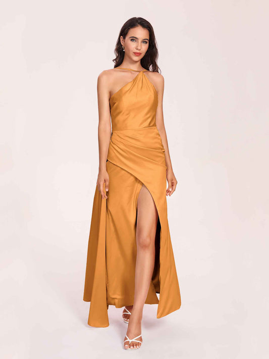Sexy Satin Halter Strap Sheath Bridesmaid Dresses Side Slit Pleats Floor Length