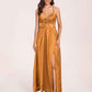 Satin Spaghetti Straps A-line Bridesmaid Dresses Side Slit Floor Length