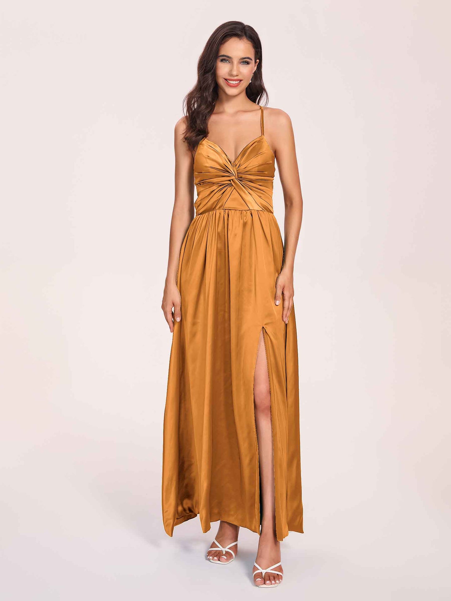 Satin Spaghetti Straps A-line Bridesmaid Dresses Side Slit Floor Length