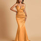 Satin Mermaid V-neck Prom Dresses Spaghetti Straps Floor Length