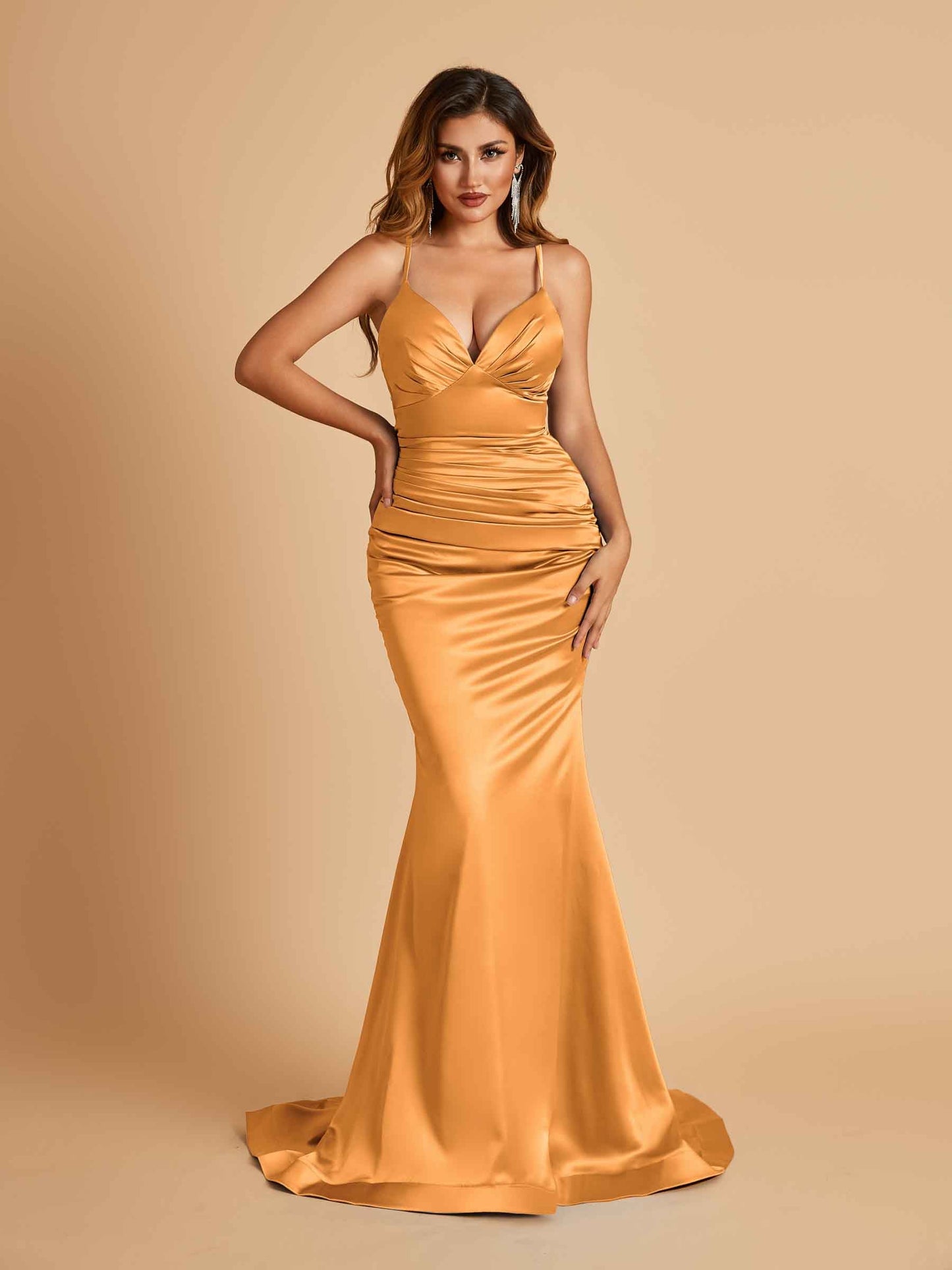 Satin Mermaid V-neck Prom Dresses Spaghetti Straps Floor Length
