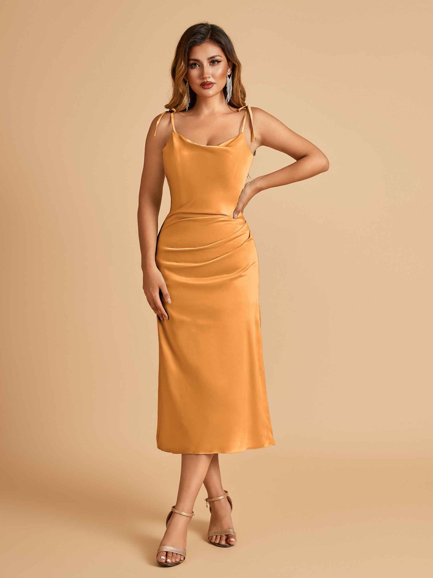 Sexy Satin Midi Bridesmaid Dresses Spaghetti Straps Slip Scoop Side Slit