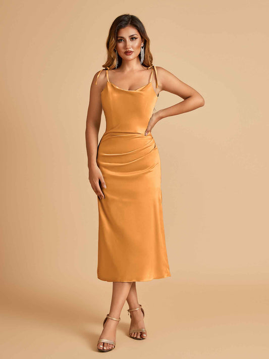 Sexy Satin Midi Bridesmaid Dresses Spaghetti Straps Slip Scoop Side Slit
