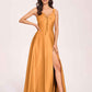 Satin V-neck A-line Prom Dresses Side slit Floor Length