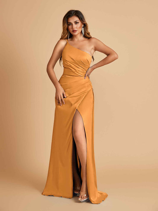 Satin One Shoulder Sheath Bridesmaid Dresses Spaghetti Straps Side Slit Floor Length