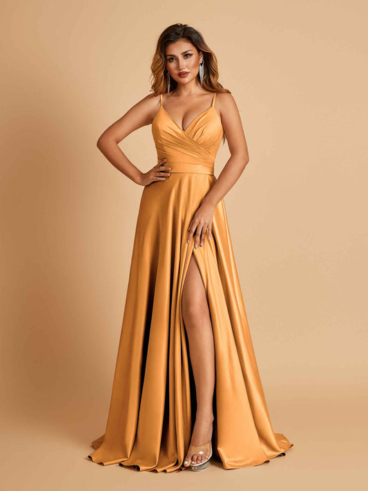 Satin A-line Long Bridesmaid Dresses Spaghetti Straps V-neck Side Slit Floor Length