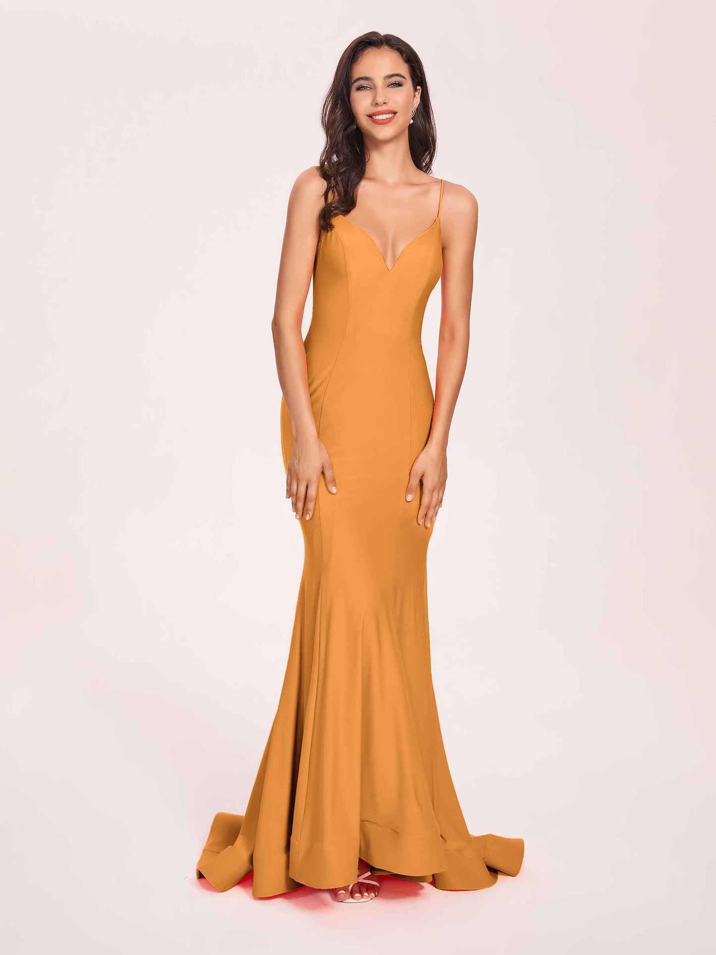 Sexy Satin Mermaid Prom Dresses Spaghetti Straps V-neck Floor Length Lace-up Back