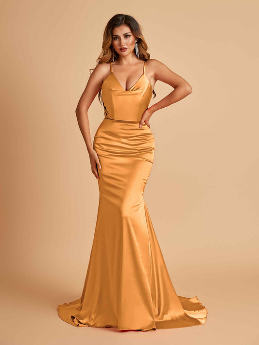 Sexy Satin Mermaid Bridesmaid Dresses Spaghetti Straps V-neck Pleats Floor Length
