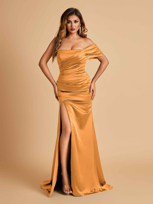 Satin One-shoulder Long Bridesmaid Dresses Side Slit With Pleats Mermaid