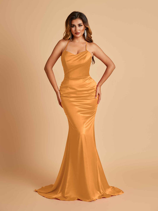Sexy Satin Mermaid Bridesmaid Dresses Spaghetti Straps Scoop Criss-cross Back